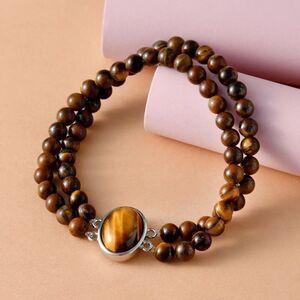 New, Stamped, Tiger's Eye Double Row Beaded Stretch Bracelet in Stainless Steel